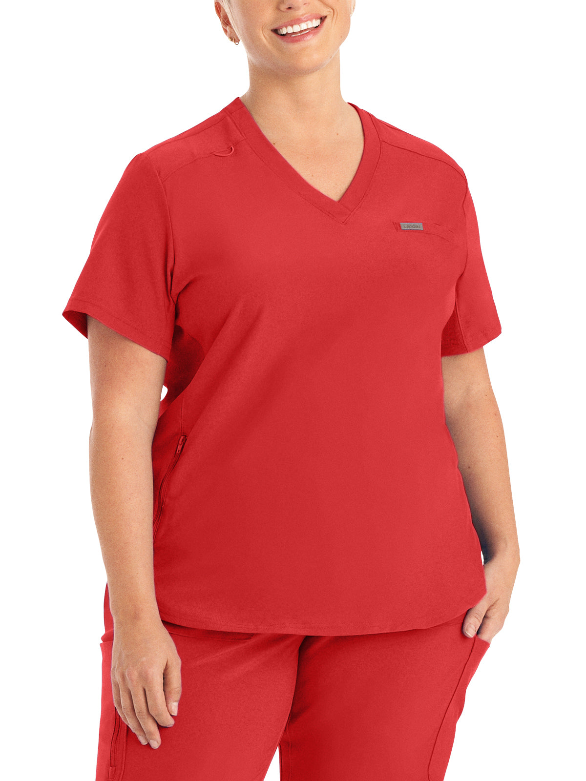 Women's 2-Pocket Shirttail Hemline V-Neck Top - LT101 - Red