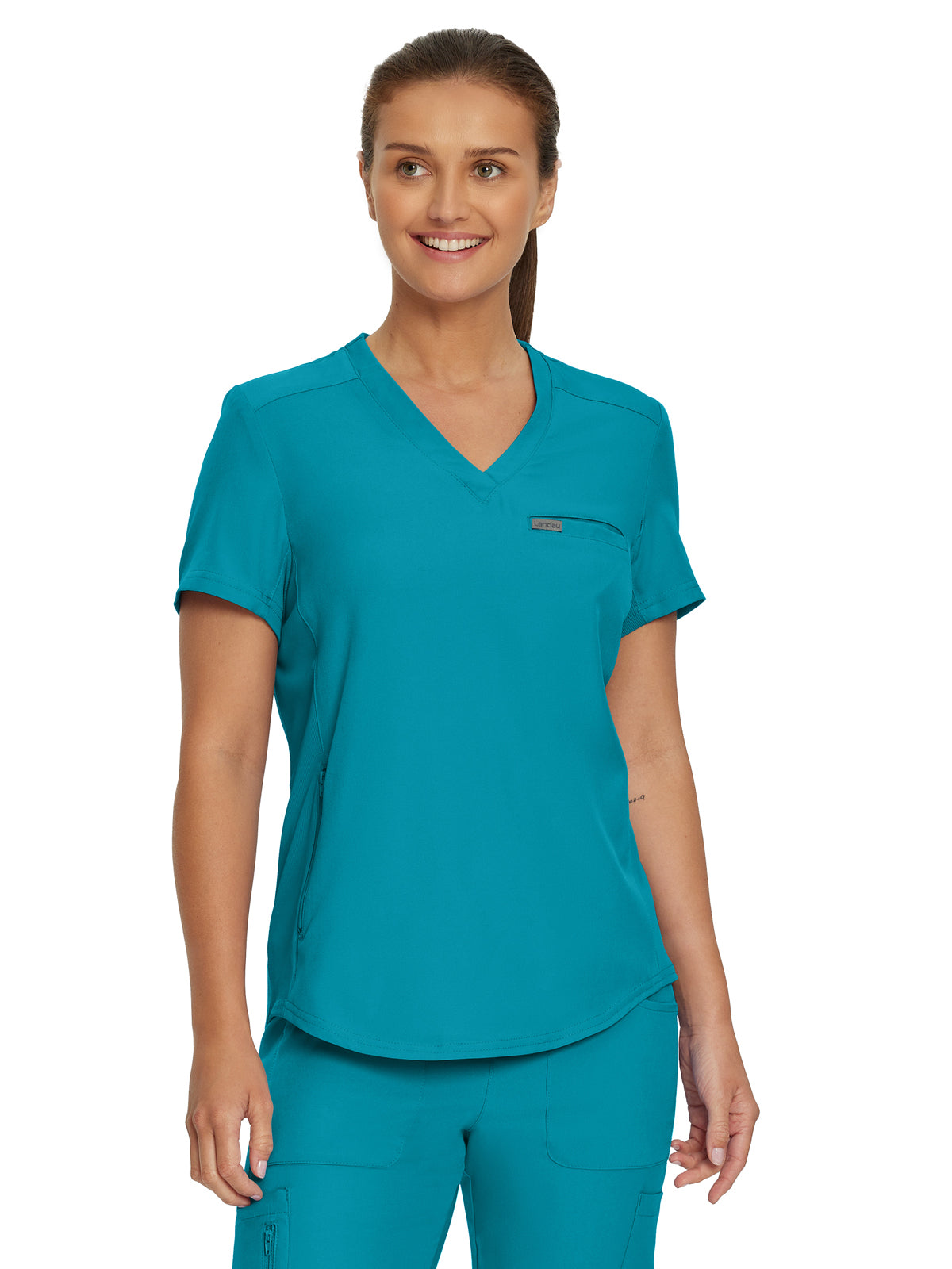 Women's 2-Pocket Shirttail Hemline V-Neck Scrub Top - LT101 - Teal