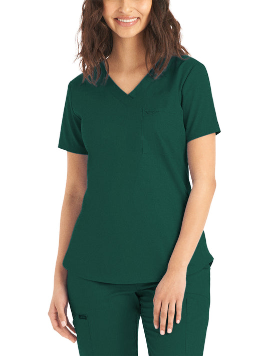 Women's Two-Pocket Back Princess Seamed V-Neck Top - LT107 - Hunter