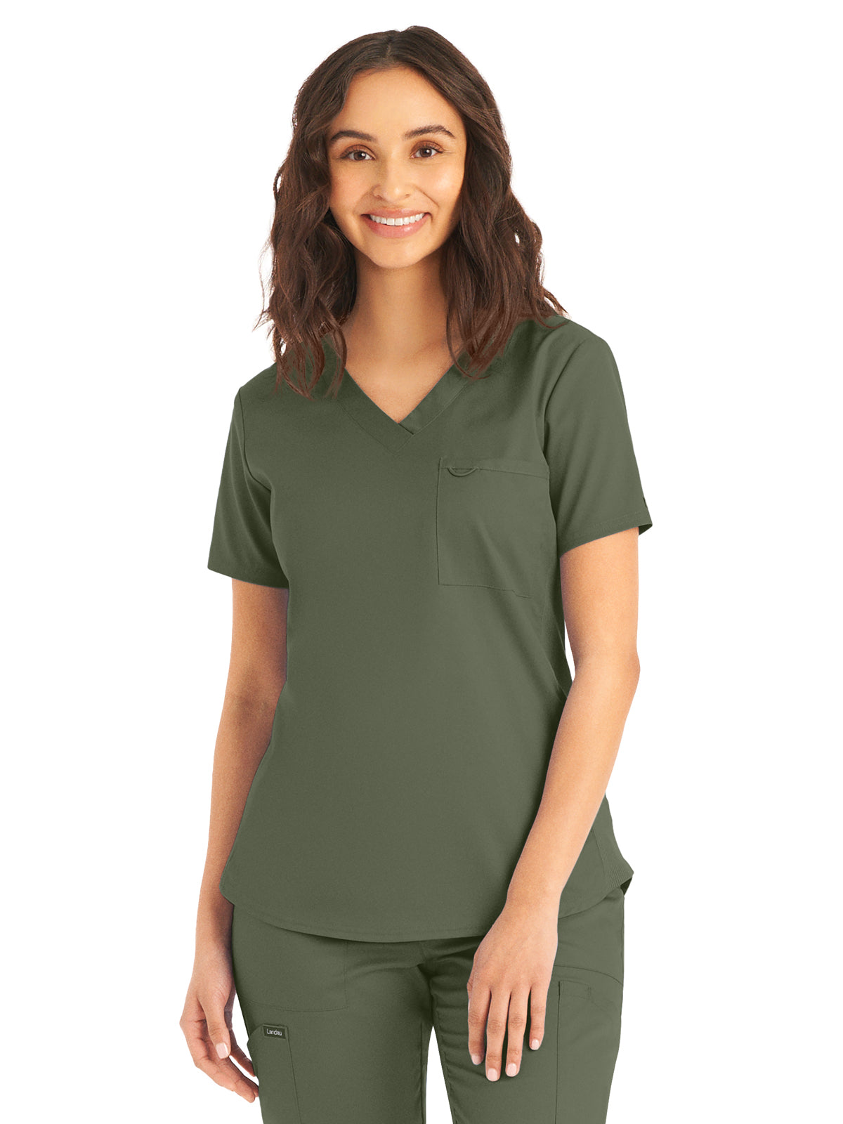 Women's 2-Pocket Back Princess Seamed V-Neck Scrub Top - LT107 - Olive Moss