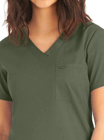 Women's 2-Pocket Back Princess Seamed V-Neck Scrub Top - LT107 - Olive Moss