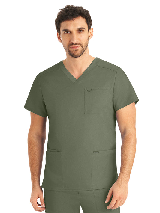 Men's Four-Pocket Back Yoke V-Neck Top - LT109 - Olive Moss