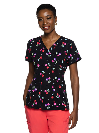 Women's 2-Pocket V-Neck Print Scrub Top - 8564 - Cherry On