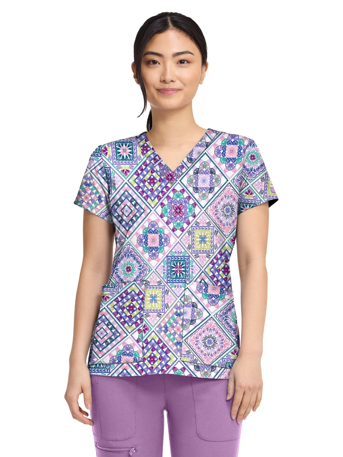 Women's 2-Pocket V-Neck Print Top - 8564 - Crochet All Day