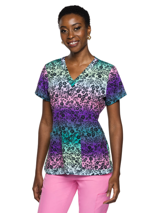 Women's 2-Pocket V-Neck Print Scrub Top - 8564 - Ombre Garden