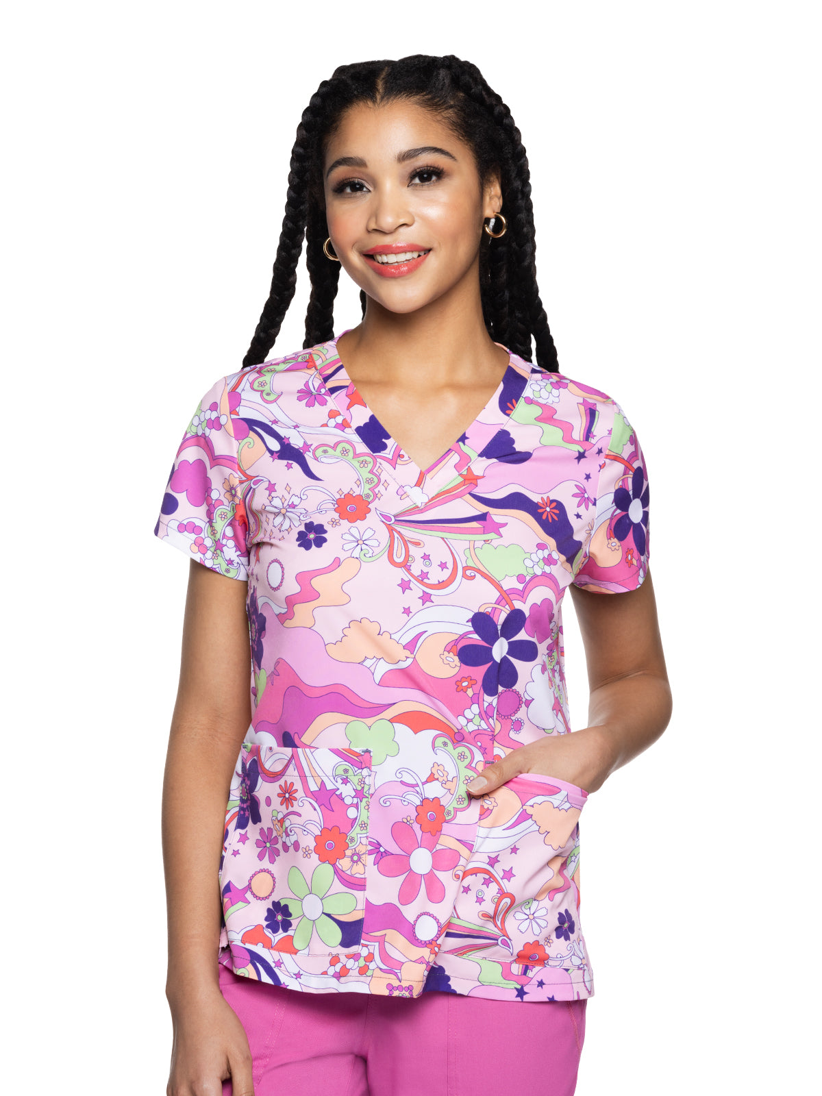 Women's 2-Pocket V-Neck Print Scrub Top - 8564 - Retro Kitch