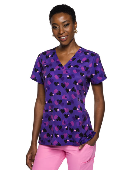 Women's 2-Pocket V-Neck Print Scrub Top - 8564 - Twilight Hearts