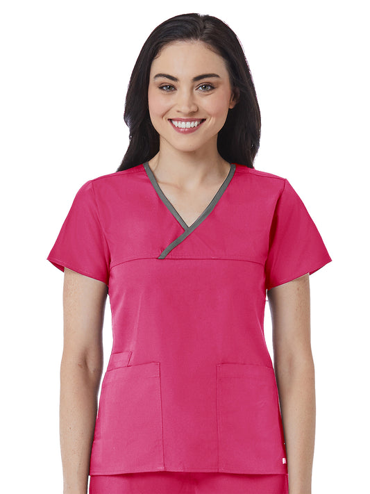 Women's Three-Pocket Contrast Mock Wrap Top - 1026 - Hot Pink/Pewter