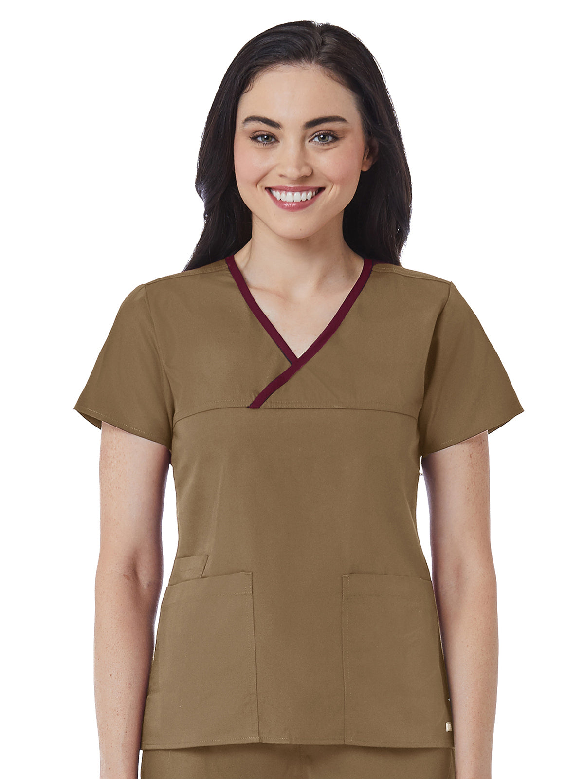 Women's Three-Pocket Contrast Mock Wrap Top - 1026 - Khaki/Wine