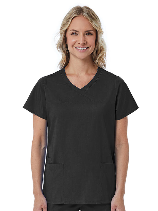 Women's Three-Pocket Curved Mock Wrap Top - 1726 - Black