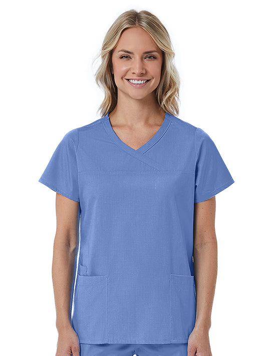 Women's Three-Pocket Curved Mock Wrap Top - 1726 - Ceil Blue