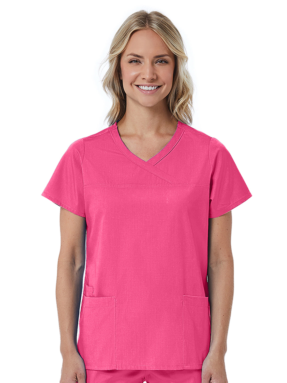 Women's Three-Pocket Curved Mock Wrap Top - 1726 - Candy Pink