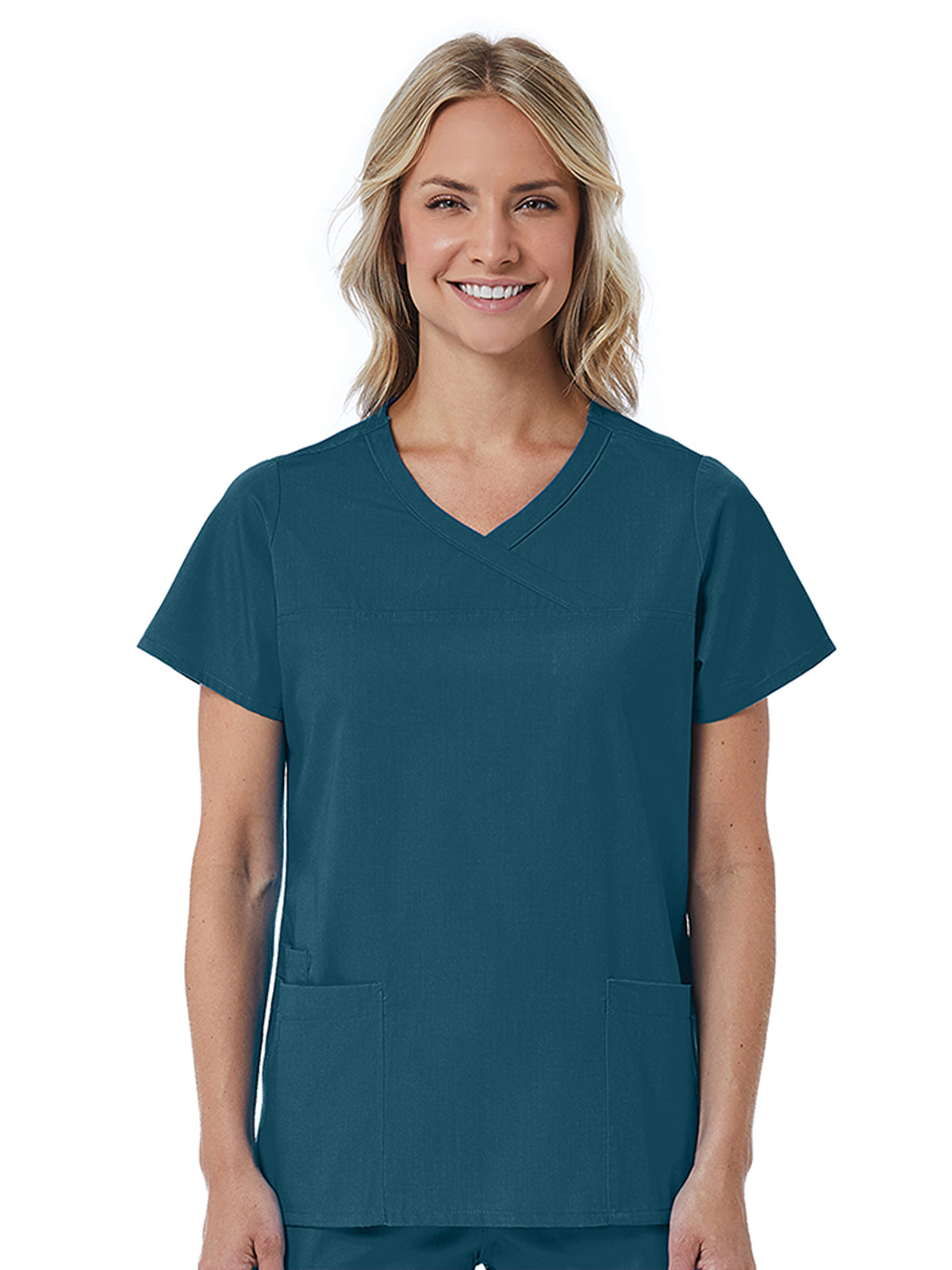 Women's Three-Pocket Curved Mock Wrap Top - 1726 - Caribbean Blue