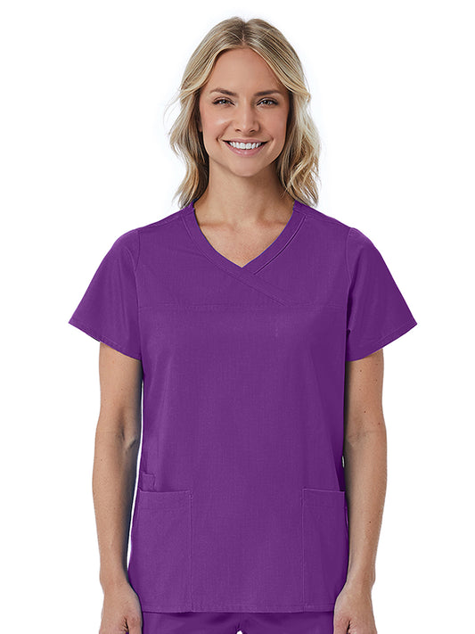 Women's Three-Pocket Curved Mock Wrap Top - 1726 - Eggplant