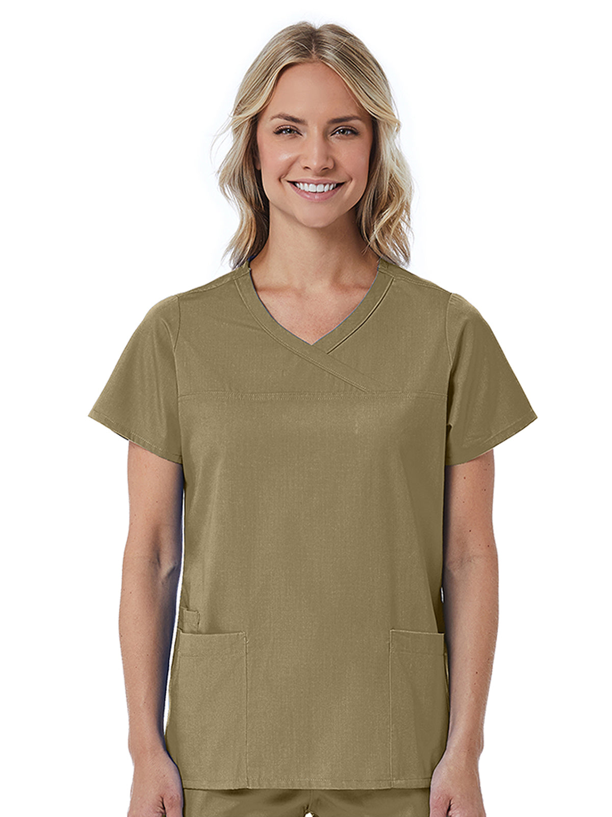 Women's Three-Pocket Curved Mock Wrap Top - 1726 - Khaki