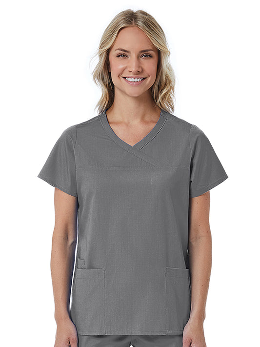 Women's Three-Pocket Curved Mock Wrap Top - 1726 - Pewter