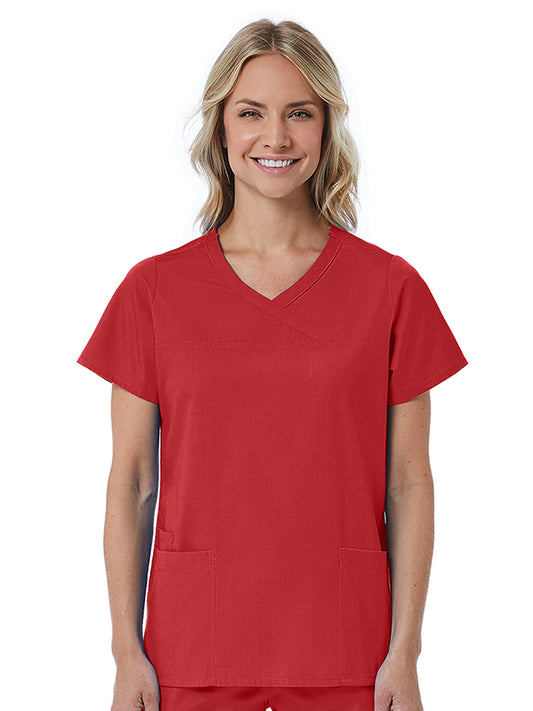 Women's Three-Pocket Curved Mock Wrap Top - 1726 - Red