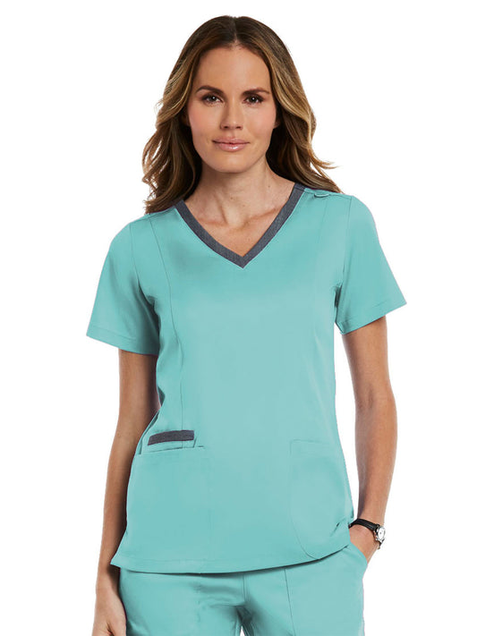 Women's Three-Pocket Heather Neck Band Top - 3502 - Aruba Blue