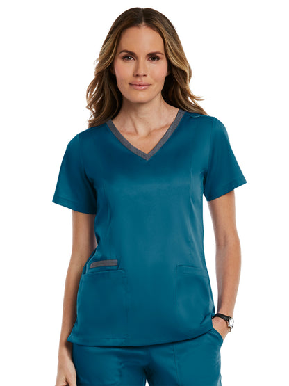 Women's Three-Pocket Heather Neck Band Top - 3502 - Caribbean Blue