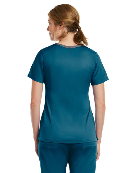 Women's Three-Pocket Heather Neck Band Top - 3502 - Caribbean Blue