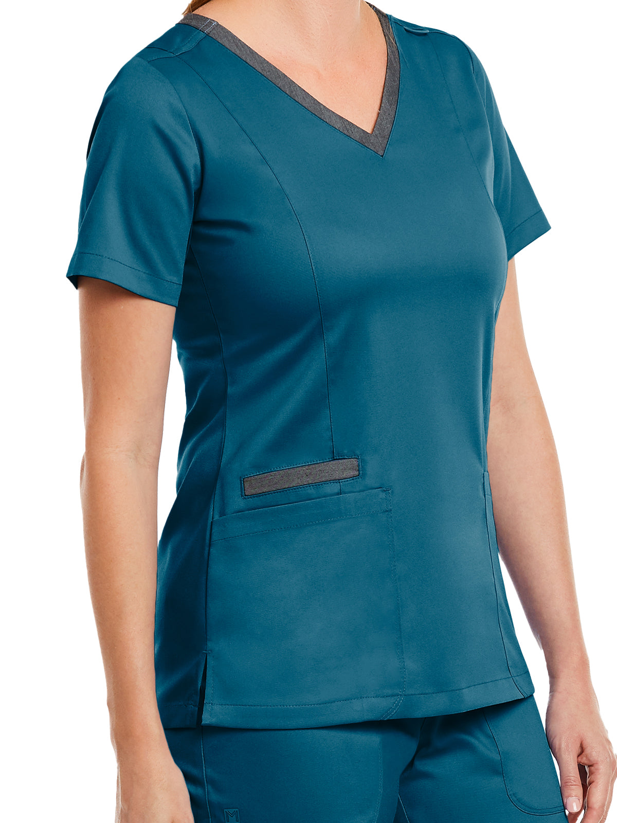 Women's Three-Pocket Heather Neck Band Top - 3502 - Caribbean Blue