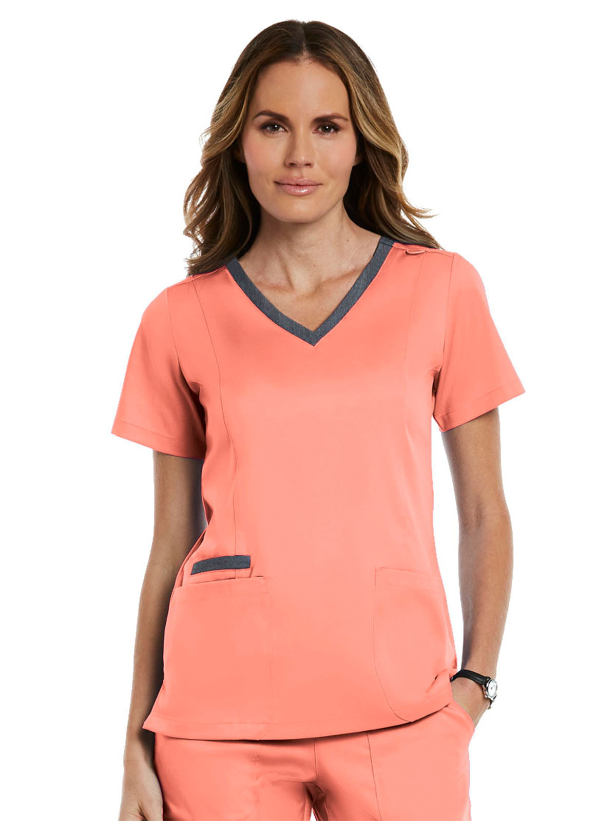 Women's Three-Pocket Heather Neck Band Top - 3502 - Fresh Salmon