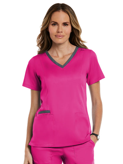 Women's Three-Pocket Heather Neck Band Top - 3502 - Hot Pink