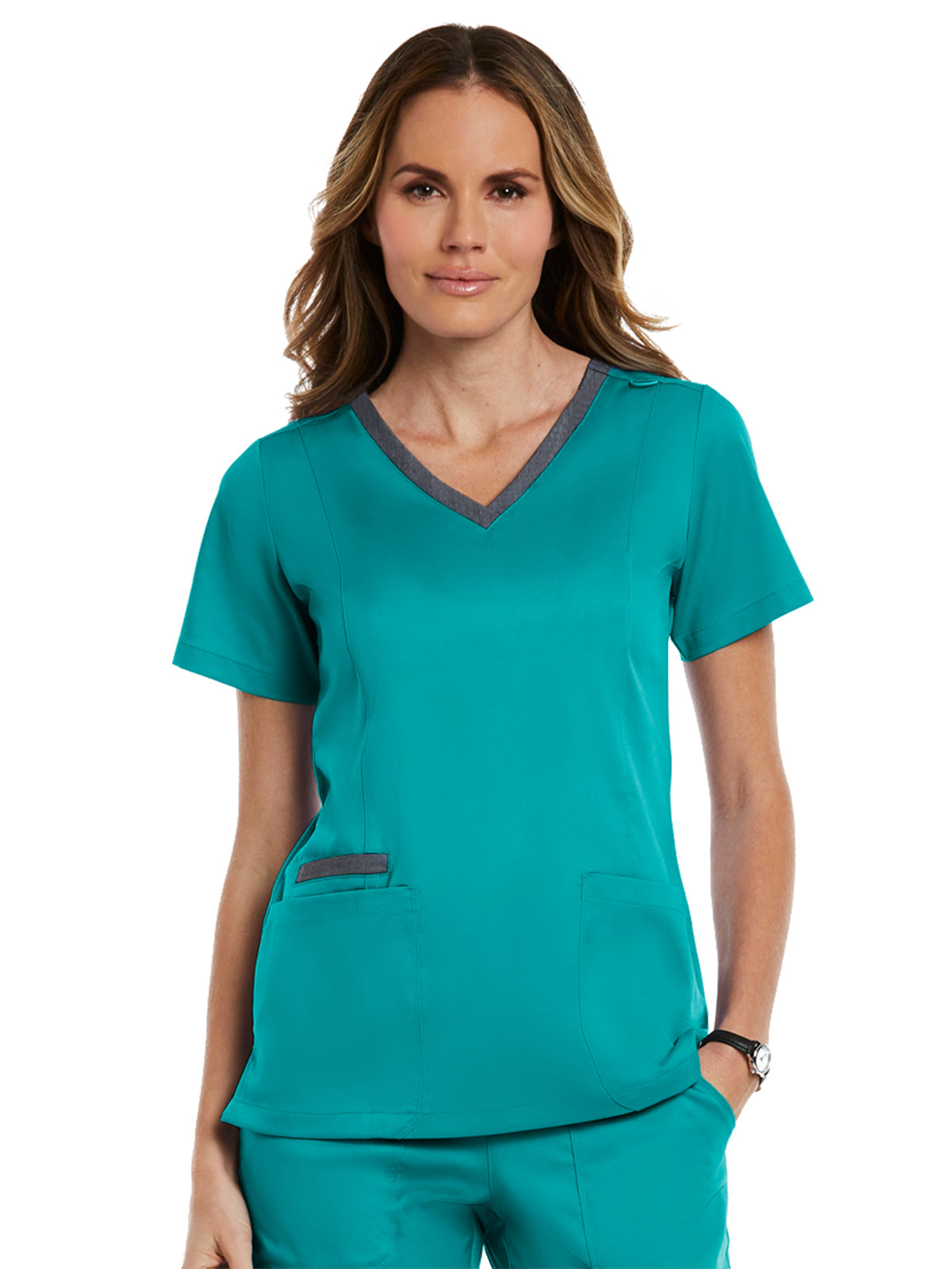 Women's Three-Pocket Heather Neck Band Top - 3502 - Teal