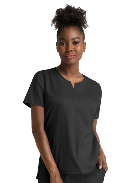 Women's Three-Pocket Notched Crew Neck Top - 3504 - Black