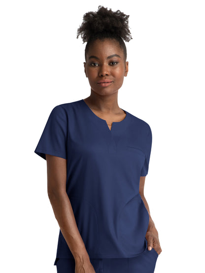 Women's Three-Pocket Notched Crew Neck Top - 3504 - Navy