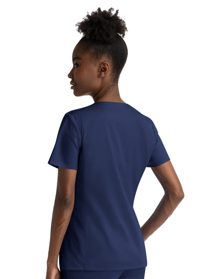 Women's Three-Pocket Notched Crew Neck Top - 3504 - Navy