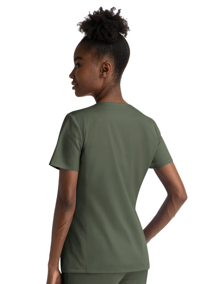 Women's Three-Pocket Notched Crew Neck Top - 3504 - Olive