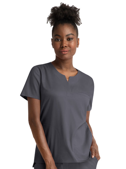 Women's Three-Pocket Notched Crew Neck Top - 3504 - Pewter