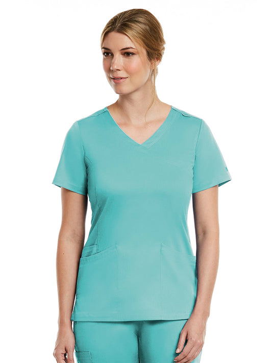 Women's Three-Pocket Curved Mock Wrap Top - 3701 - Aruba Blue