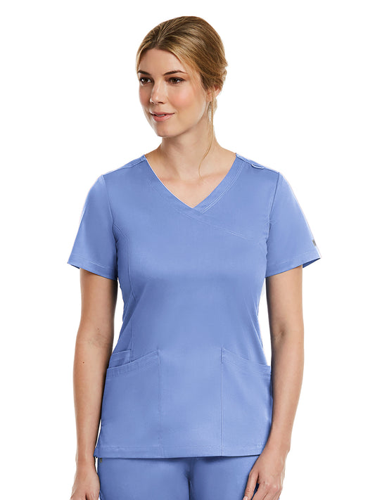 Women's Three-Pocket Curved Mock Wrap Top - 3701 - Ceil Blue