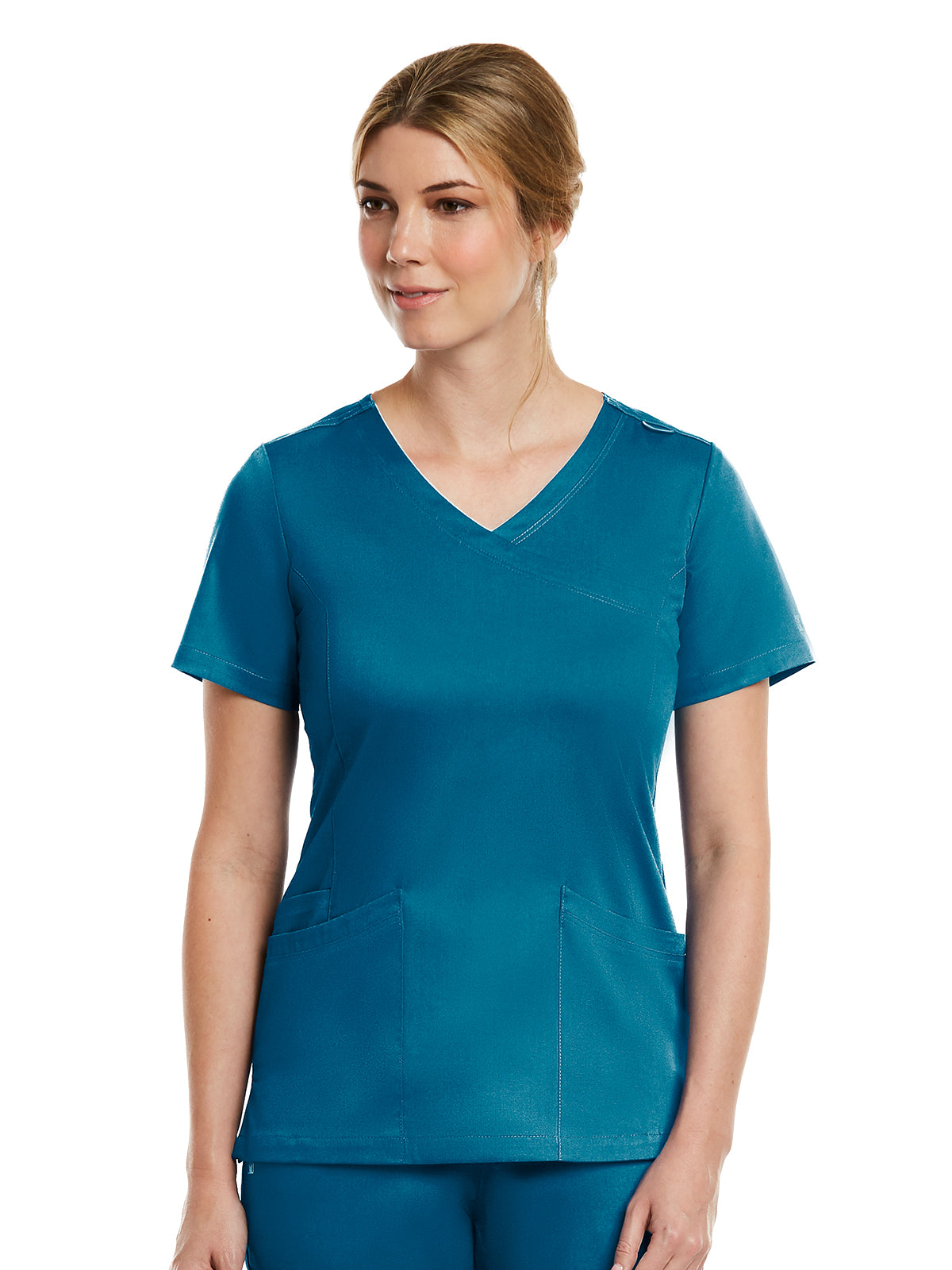 Women's Three-Pocket Curved Mock Wrap Top - 3701 - Caribbean Blue