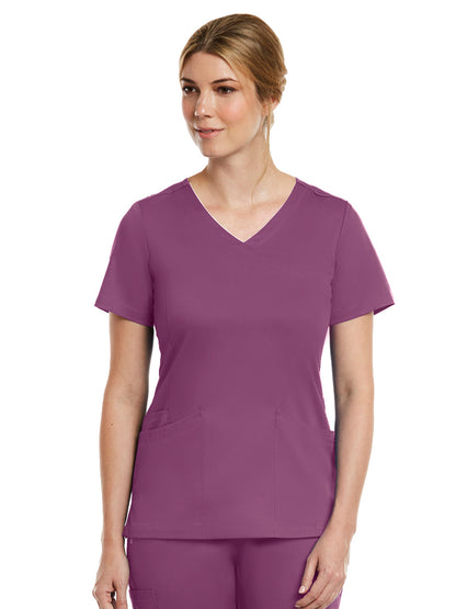 Women's Three-Pocket Curved Mock Wrap Top - 3701 - Dahlia