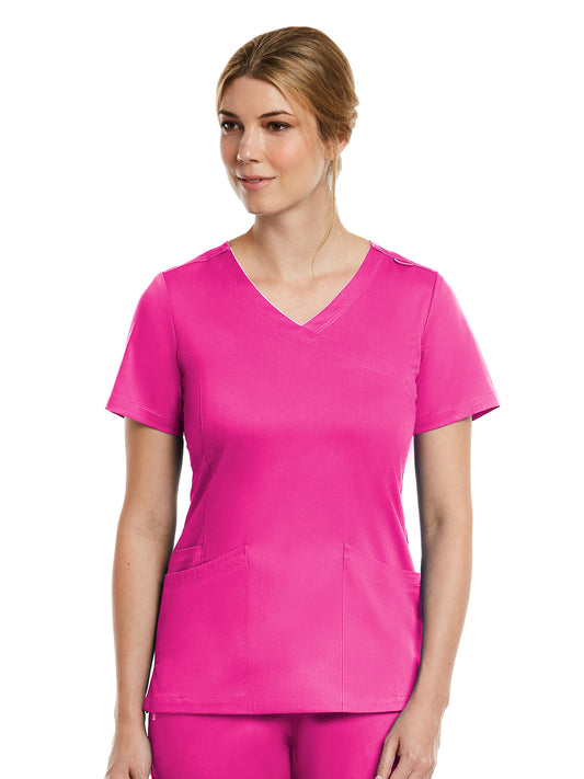 Women's Three-Pocket Curved Mock Wrap Top - 3701 - Hot Pink