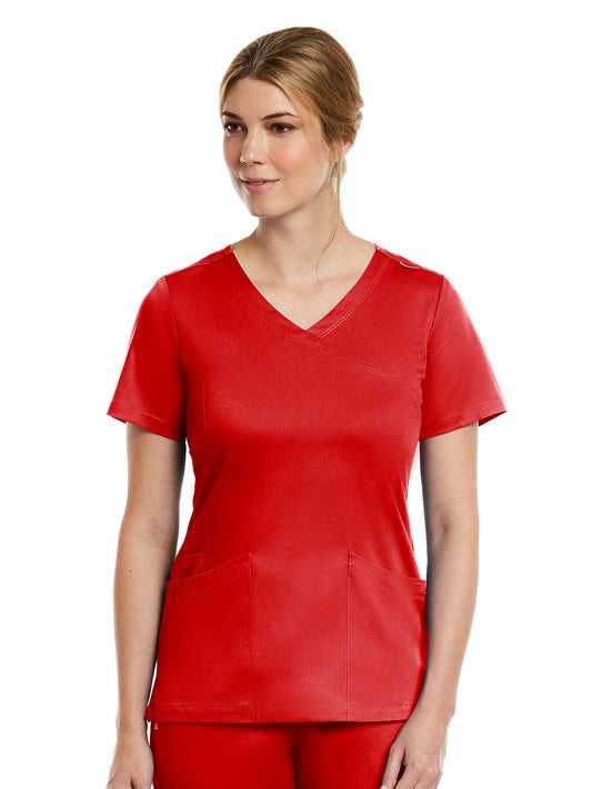 Women's Three-Pocket Curved Mock Wrap Top - 3701 - Red