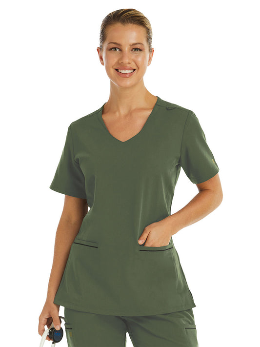 Women's Two-Pocket Knit V-neck Top - 3902 - Olive