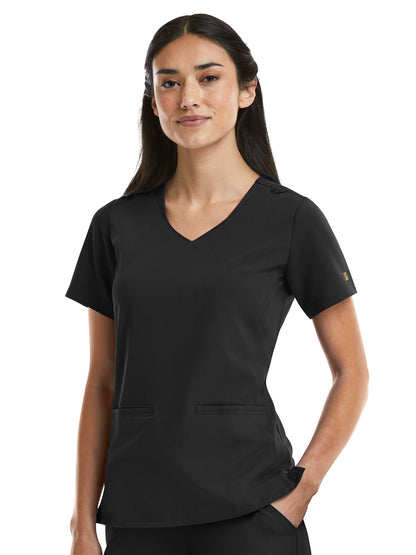 Women's Two-Pocket Curved V-Neck Top - 3903 - Black