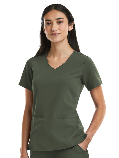 Women's Two-Pocket Curved V-Neck Top - 3903 - Olive