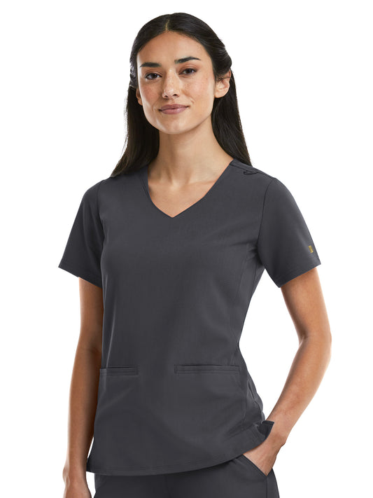 Women's Two-Pocket Curved V-Neck Top - 3903 - Pewter