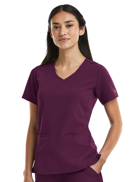 Women's Two-Pocket Curved V-Neck Top - 3903 - Wine