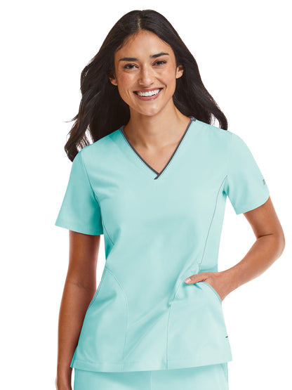 Women's Three-Pocket Contrast Stitching V-Neck Top - 4510 - Aruba Blue