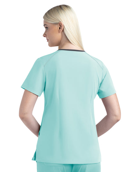 Women's Three-Pocket Contrast Stitching V-Neck Top - 4510 - Aruba Blue