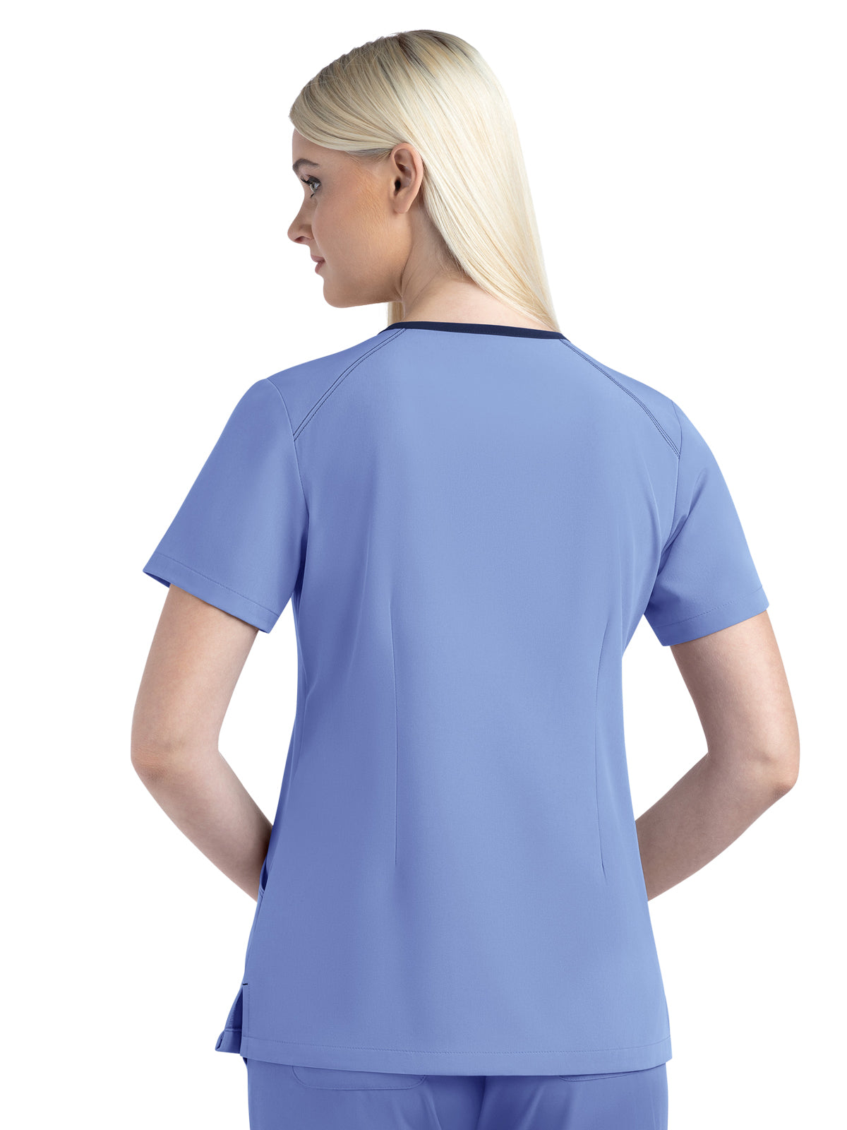 Women's Three-Pocket Contrast Stitching V-Neck Top - 4510 - Ceil Blue