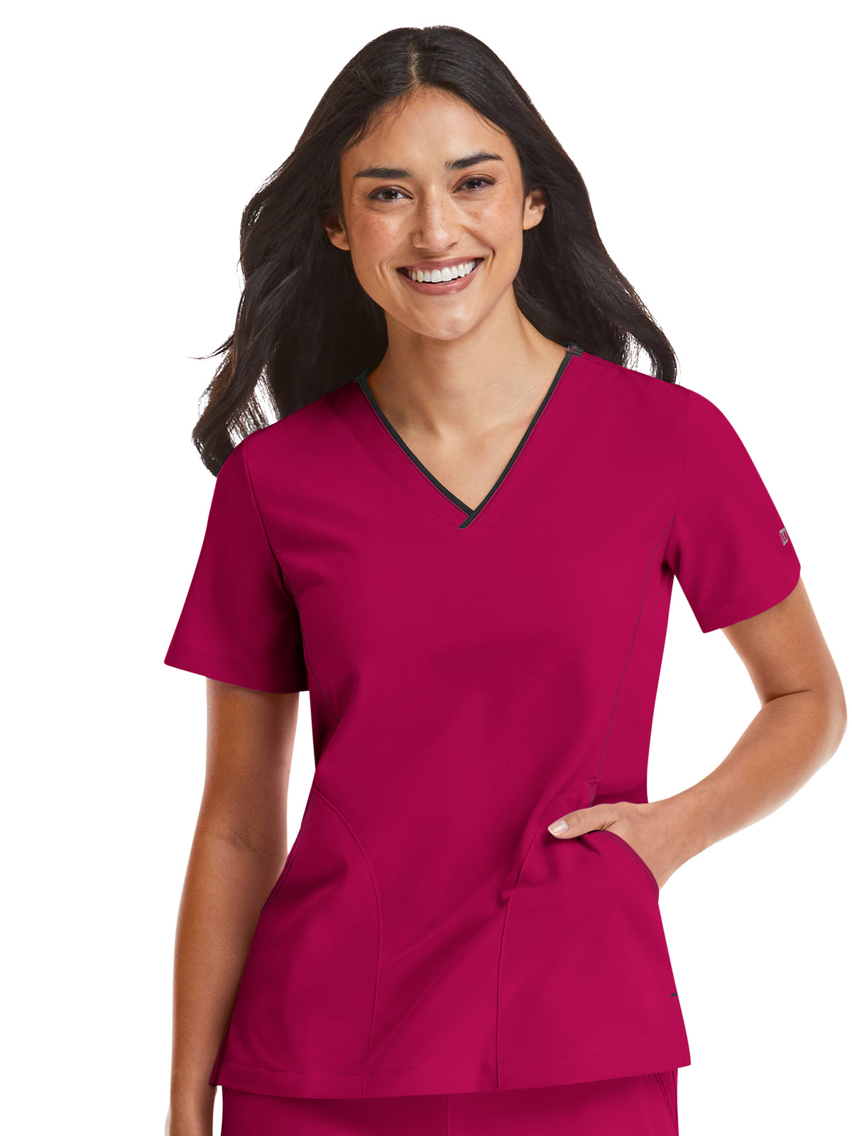 Women's Three-Pocket Contrast Stitching V-Neck Top - 4510 - Cherries Jubilee