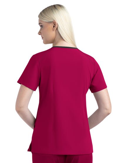 Women's Three-Pocket Contrast Stitching V-Neck Top - 4510 - Cherries Jubilee