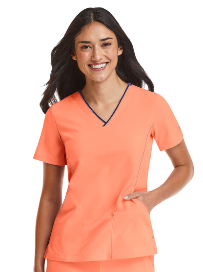 Women's Three-Pocket Contrast Stitching V-Neck Top - 4510 - Fresh Salmon